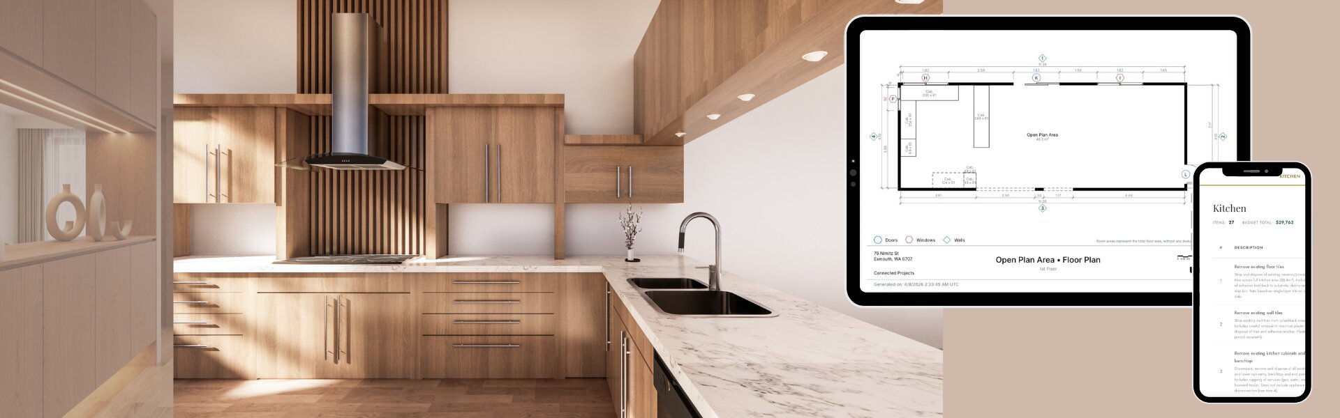 A modern Perth kitchen with a tablet showing the dimensioned floor plan and a phone showing the costed kitchen scope — the Connected Scope deliverable.