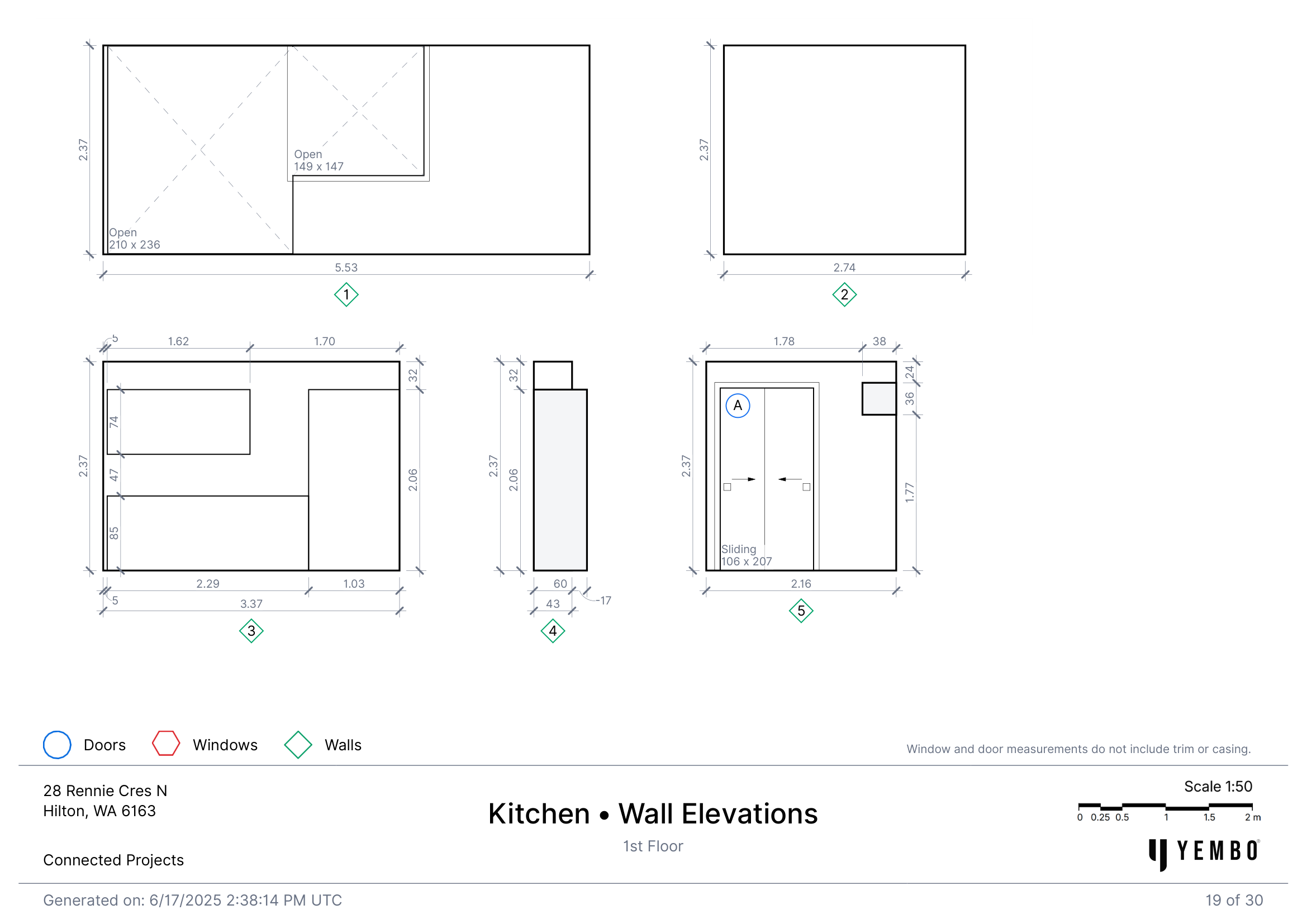 Kitchen wall elevations with cabinetry dimensions from Yembo AI
