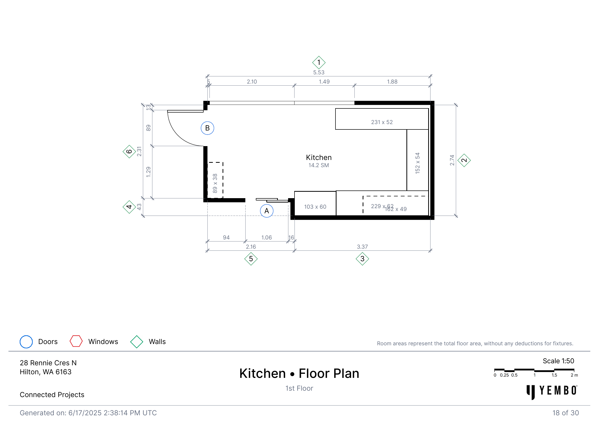 Kitchen floor plan with precise dimensions from Yembo AI scan